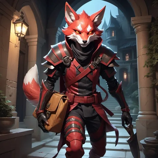 Prompt: A slender humanoid pale red kitsune in the stylish armor of a thief with a bag with scrools in his shoulder and knife in his hand runs in front of interior of a stone mansion in the midnight, Dr. Atl, vanitas, league of legends splash art, cyberpunk art