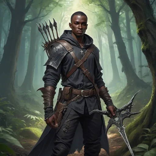 Prompt: a young dark man in a high quality assassin's clothes holding a two battle sickles in his hands and with and a one-handed crossbow on his back in front of fairy forest, Dr. Atl, fantasy art, epic fantasy character art, concept art