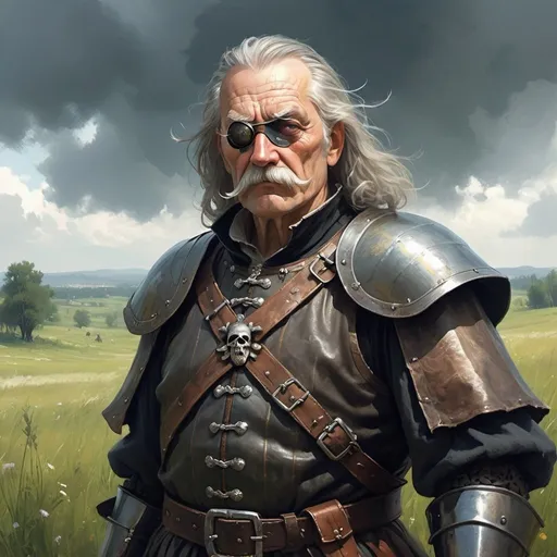 Prompt: a old man in Hussite armor with like a pirate eye patch only on his left eye, with thick hair and mustache, stands against the backdrop of a meadow in cloudy weather, Aleksi Briclot, antipodeans, epic fantasy character art