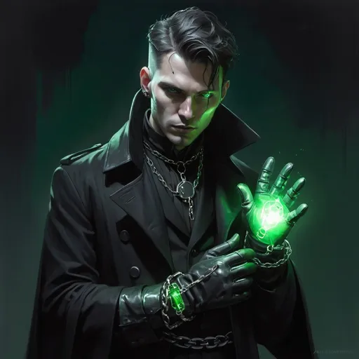 Prompt: a man in a black coat and gloves with small scars on the face holding a green light up glove in his hands and a chain around his waist, Aleksi Briclot, gothic art, deviantart artstation, a fine art painting