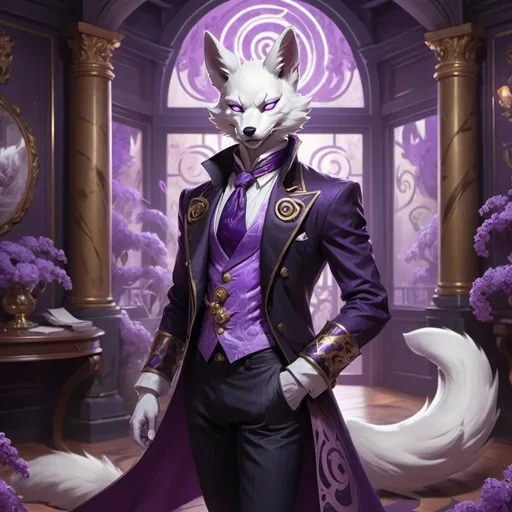 Prompt: male kitsune in a revealing outfit in front of the interior of an aristocrat's house creates spirals of lilac energy and charms someone off-screen, Dr. Atl, vanitas, league of legends splash art, cyberpunk art