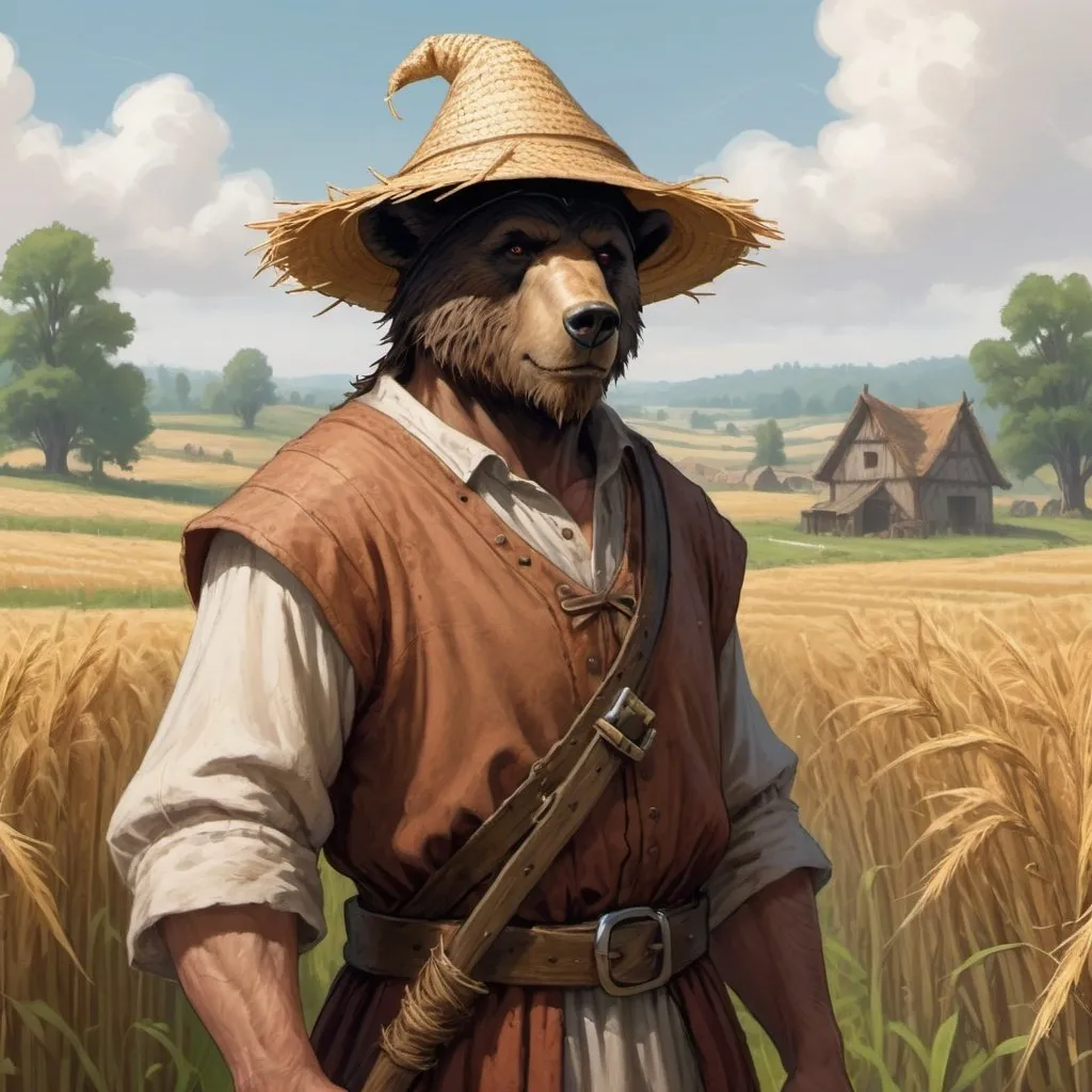 Prompt: a bearfolk-peasant from DnD with straw flattened hat is standing in a medieval peasant fields in the background, Chris Rahn, fantasy art, epic fantasy character art, a character portrait