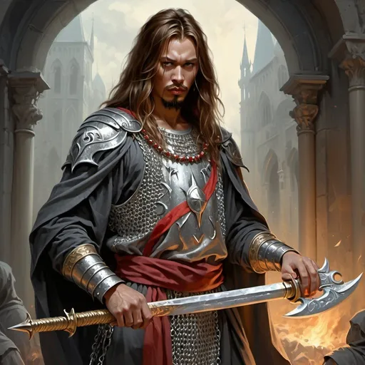 Prompt: a man with a long hair dressed like an slavic warrior in chain mail shirt on holding a scimitar in his hand, Aleksi Briclot, gothic art, deviantart artstation, a fine art painting