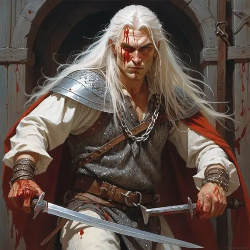 Prompt: a man dressed like an slavic warrior with a saber and a long white hair and chain mail shirt on from Transylvania holding a knife in his hand and a bloody face, Donato Giancola, fantasy art, epic fantasy character art, concept art