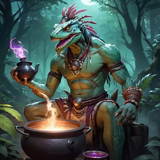 Prompt: a bare-chested lizardman shaman dressed like a Indian medicine man brews a potion in a cauldron in front of night forest, Dr. Atl, vanitas, league of legends splash art, cyberpunk art