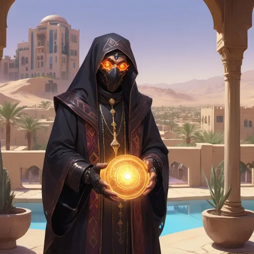 Prompt: a priest dressed as a Bedouin with glowing eyes with light in his hands in front of richly furnished apartments of an aristocrat with large windows and views of the city in the desert with gardens and pools during the day, Dr. Atl, vanitas, league of legends splash art, cyberpunk art