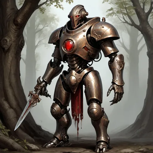 Prompt: a warforged or a robot with cords resembling tree roots reinforced with alchemical fluids serve as muscles that are contained within a bronze frame, the bronze frame resembles the armor of a knight, warforged have beautiful face without a mouth with a hinged jaw and crystalline eyes built under the brow ridges and there is a red spot or mark on the robot's forehead, full-length, neutral dark background, Brom, steampunk