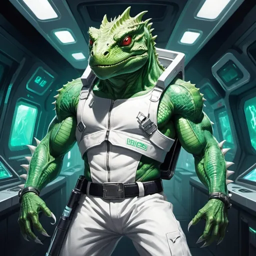 Prompt: A muscular green lizardman with a syringe pistol in his hands dressed in a tight white medical overall with flasks on his belt stands against the interior of a futuristic spaceship, Dr. Atl, vanitas, league of legends splash art, cyberpunk art