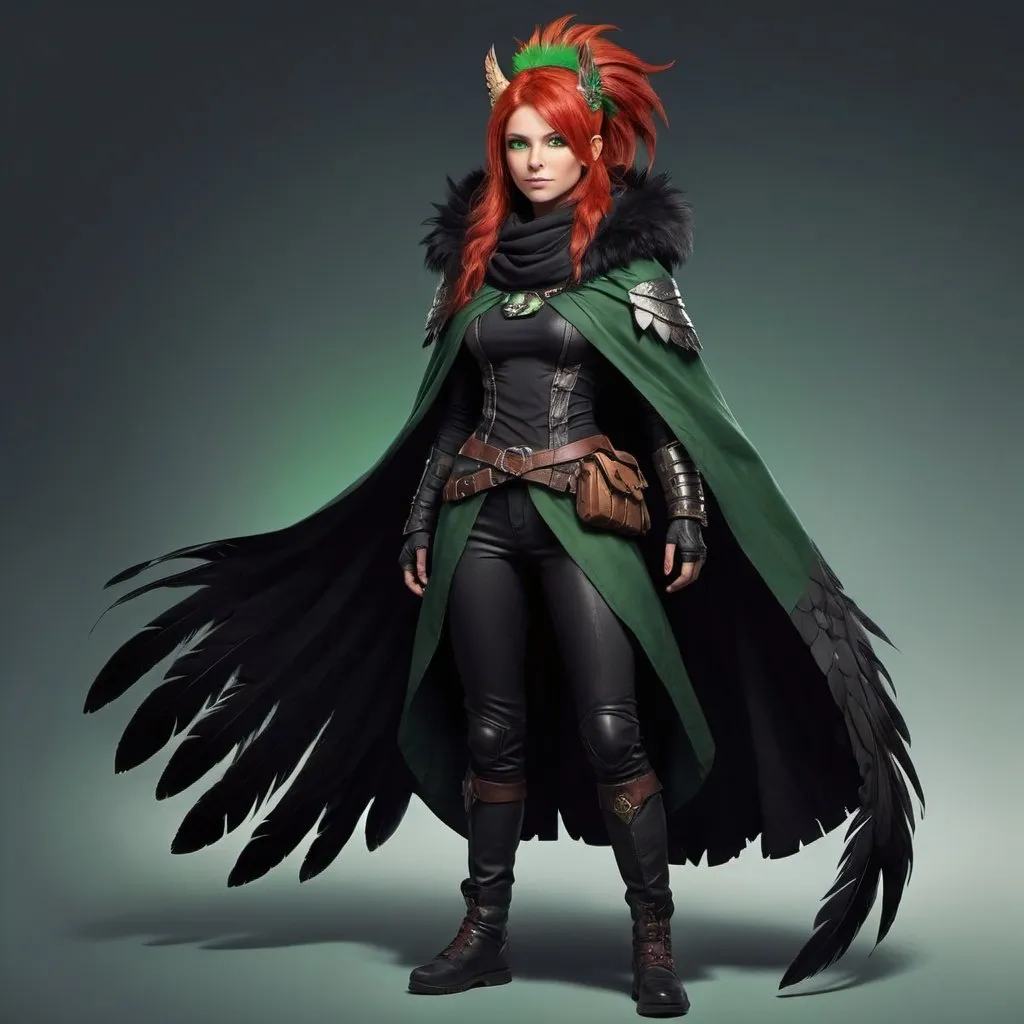 Prompt: a scandinavian woman monster hunter with red hair and green eyes wearing a black outfit and cape and a black scarf with green feathers on her head and a black snood around her neck and on her chest, full length, Dr. Atl, dau-al-set, a character portrait