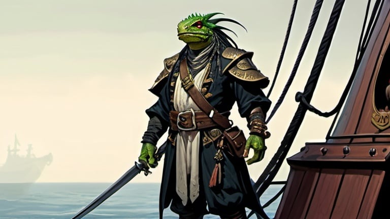 Prompt: a lizardman corsair in medieval pirate oriental clothes standing on board of ship, Art of Brom, fantasy art, epic fantasy character art, concept art