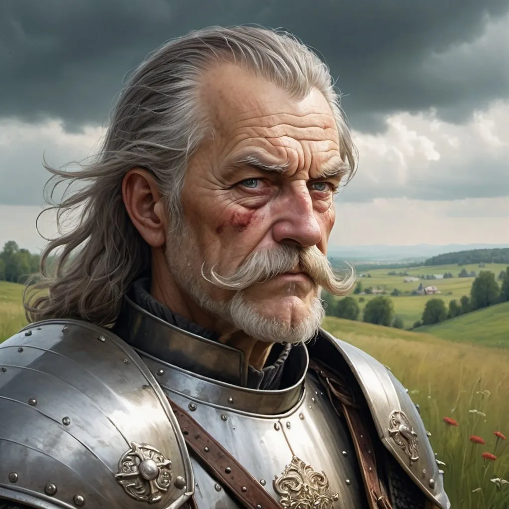 Prompt: a old man in Hussite armor with eye patch on his left eye only, with thick hair and mustache, stands against the backdrop of a meadow in cloudy weather, Boleslaw Cybis, antipodeans, epic fantasy character art