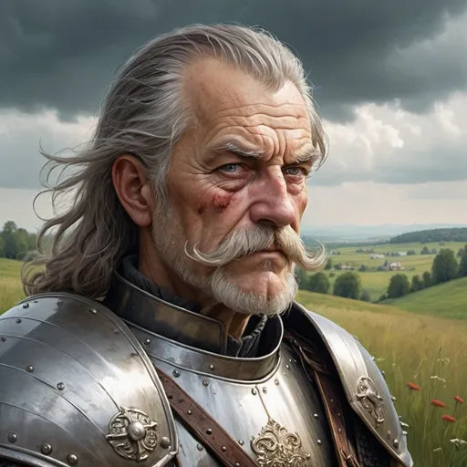 Prompt: a old man in Hussite armor with eye patch on his left eye only, with thick hair and mustache, stands against the backdrop of a meadow in cloudy weather, Boleslaw Cybis, antipodeans, epic fantasy character art