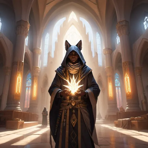 Prompt: a young kitsune priest dressed as a Bedouin with rays of light in his hands in front of fantasy cathedral interior during the day, Dr. Atl, vanitas, league of legends splash art, cyberpunk art
