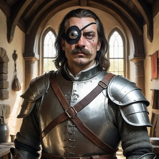Prompt: a 40 years old man in plate armor wearing a fake eye patch with a tie covering the eye on the left eye and with thick hair and mustache standing in front of interior of medieval manor, Aleksi Briclot, antipodeans, epic fantasy character art