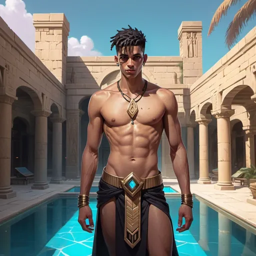 Prompt: a Egyptian bare-chested young man-priest with a short loincloth in front of stone hall with swimming pool, Dr. Atl, vanitas, league of legends splash art, cyberpunk art
