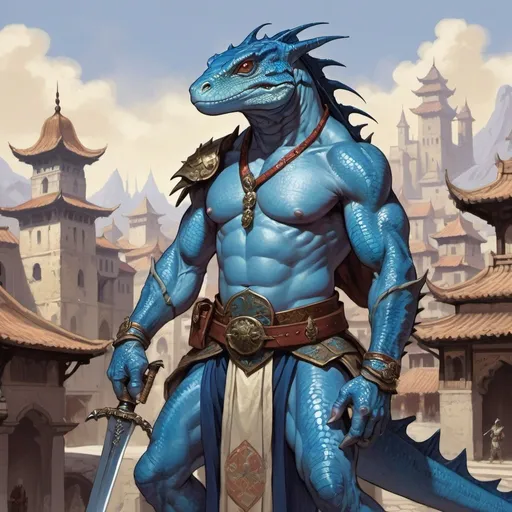 Prompt: a blue lizardman with a bare chest and sword and a bag on his shoulder and a sword in his hand in oriental attire, standing in front of a medieval fantasy city background, Art of Brom, fantasy art, epic fantasy character art