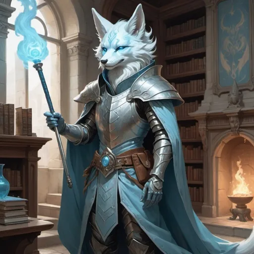 Prompt: A slender humanoid kitsune in the stylish armor of a sorcerer with a metal rod in his hands creates a funnel of magical pale blue wind in front of interior of a stone mansion with a library, Art of Brom, fantasy art, epic fantasy character art, concept art