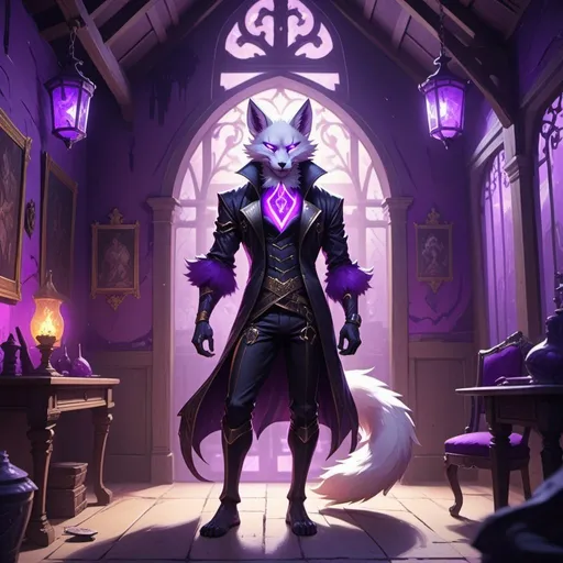 Prompt: male kitsune with furry body like a furry in a bare-chested revealing black outfit in front of the interior of an medieval aristocrat's house creates rays of purple energy, Dr. Atl, vanitas, league of legends splash art, cyberpunk art