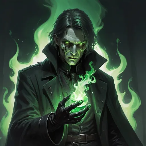 Prompt: a necromancer human from DnD in a black coat and gloves with small scars on the face and green eyes with medium length hair holding a green light up glove in his hands and creates a funnel of magical green flame and 
raises zombies, Aleksi Briclot, gothic art, deviantart artstation, a fine art painting