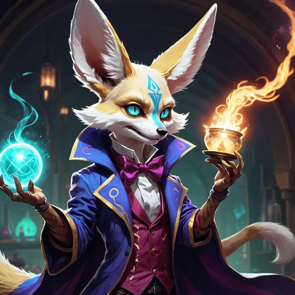 Prompt: humanoid fennec lizard dressed as a magician, Dr. Atl, vanitas, league of legends splash art, cyberpunk art