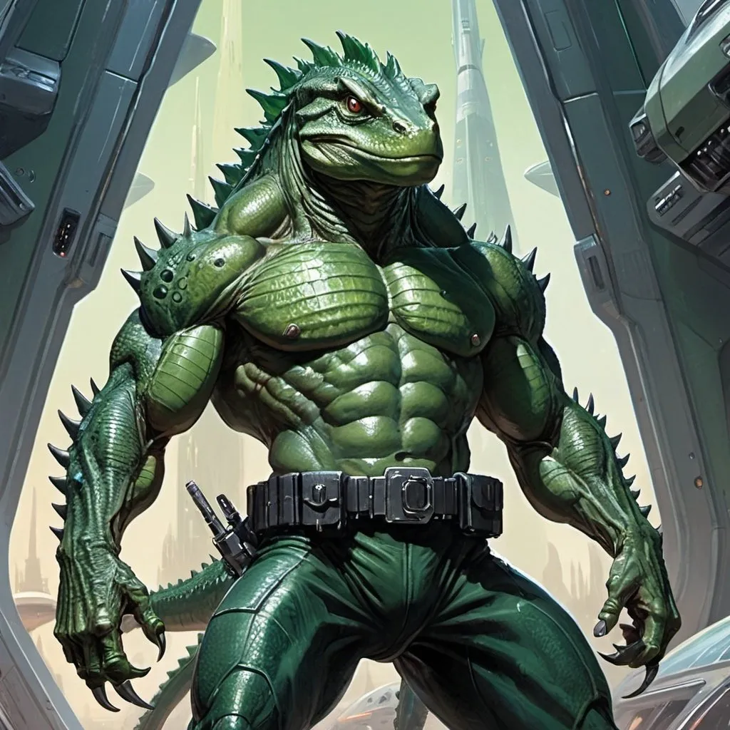 Prompt: A muscular green lizardman, armed with a syringe pistol, stands against the backdrop of a futuristic spaceship, Dave Dorman, antipodeans, character art, concept art