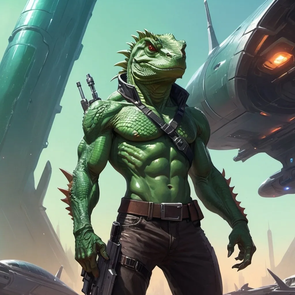 Prompt: A green lizardman, armed with a syringe pistol, dressed in a crop top, stands against the backdrop of a futuristic spaceship, Aleksi Briclot, antipodeans, epic fantasy character art