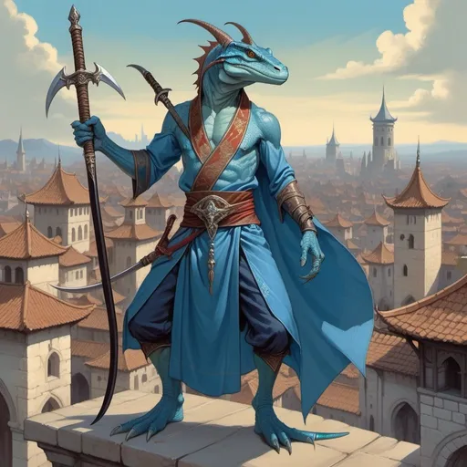 Prompt: a blue bare-chested lizardman wizard  without outerwear and sword and a bag on his shoulder and a scimitar in his hands in oriental attire in satin scarves around the neck with long ears and horns, standing in front of a medieval european fantasy city background, Art of Brom, fantasy art, epic fantasy character art