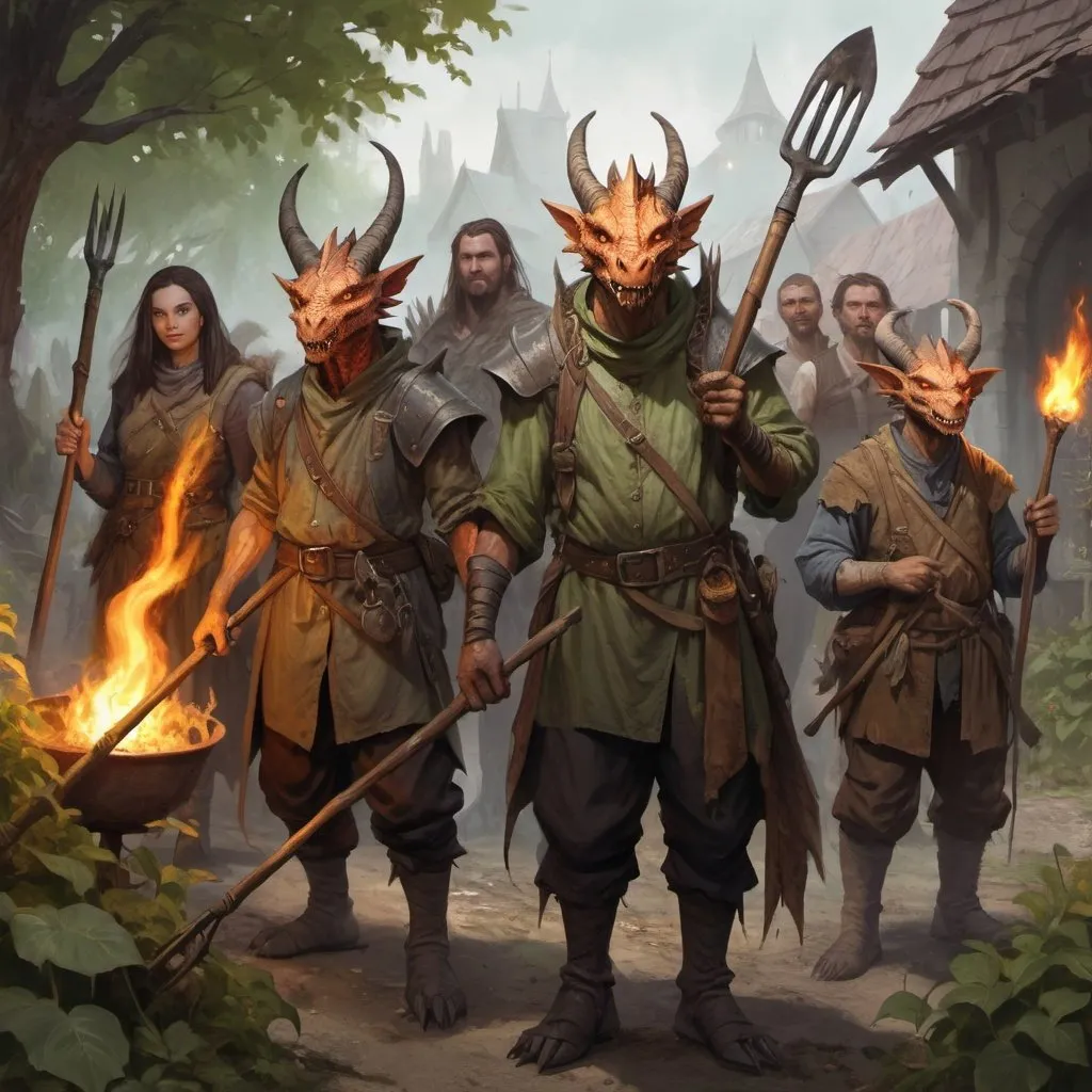 Prompt: a group of dragonborns and humans peasants with pitchforks, torches and other garden tools in tattered clothes, Chris Rahn, fantasy art, epic fantasy character art, a character portrait