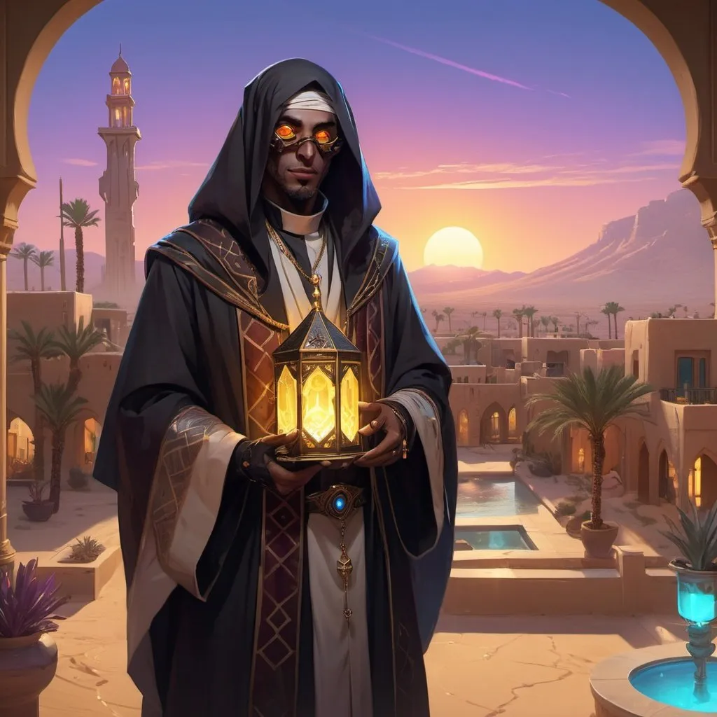 Prompt: a priest dressed as a Bedouin with glowing eyes with light in his hands in front of richly furnished apartments of an aristocrat with large windows and views of the city in the desert with gardens and pools, Dr. Atl, vanitas, league of legends splash art, cyberpunk art