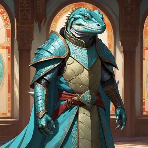 Prompt: A lizardfolk paladin with a khopesh in his right hand, slim athletic build, his muzzle looks like a cayman, he smiles reservedly, his scales are pale blue, he mysteriously looks somewhere into the distance. He is dressed in oriental style metal heavy armor. Behind his back is a turquoise cloak. He stands against the background of a fantasy temple interior, colored stained glass windows from which daylight falls, curtains hanging down to the floor. Highly detailed.