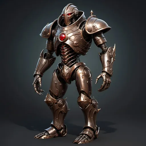 Prompt: a warforged or a robot with cords resembling tree roots reinforced with alchemical fluids serve as muscles that are contained within a bronze frame, the bronze frame resembles the armor of a knight, warforged have beautiful face without a mouth with a hinged jaw and crystalline eyes built under the brow ridges and there is a red spot or mark on the robot's forehead, full-length, neutral dark background, Cedric Seaut (Keos Masons), steampunk