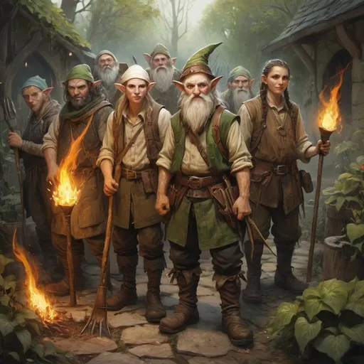 Prompt: a group of elves, gnomes and humans peasant people with pitchforks, torches and other garden tools in tattered clothes, Chris Rahn, fantasy art, epic fantasy character art, a character portrait