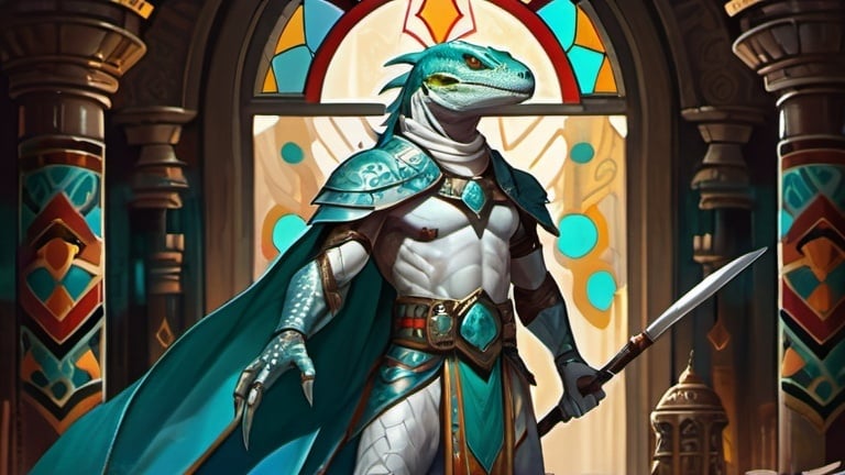 Prompt: A white lizardman paladin with staff in his hand dressed in oriental style metal heavy armor and a silk scarf and turquoise cloak, standing against the background of a fantasy Aztec temple interior with colored stained glass windows and curtains, Art of Brom, fantasy art, epic fantasy character art, concept art