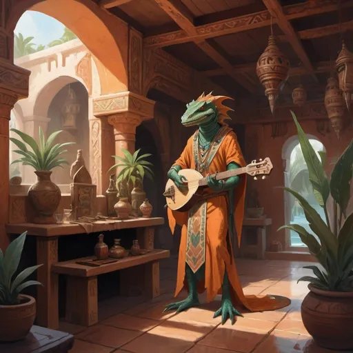 Prompt: a pale orange lizardman bard with a dulcimer in his hand in Byzantine robes standing in front of interior of aztec tavern interior in Byzantine style with pools and hookah and vegetation, Art of Brom, fantasy art, epic fantasy character art, concept art