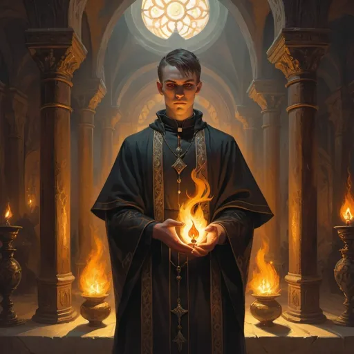 Prompt: a young man-priest with glowing eyes with flame of light in his hands in front of richly decorated chambers during the day, Art of Brom, fantasy art, epic fantasy character art, concept art
