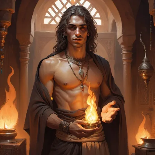 Prompt: a bare-chested young man-priest dressed as a Bedouin with glowing eyes with flame of light in his hands in front of richly decorated wizard’s chambers during the day, Art of Brom, fantasy art, epic fantasy character art, concept art
