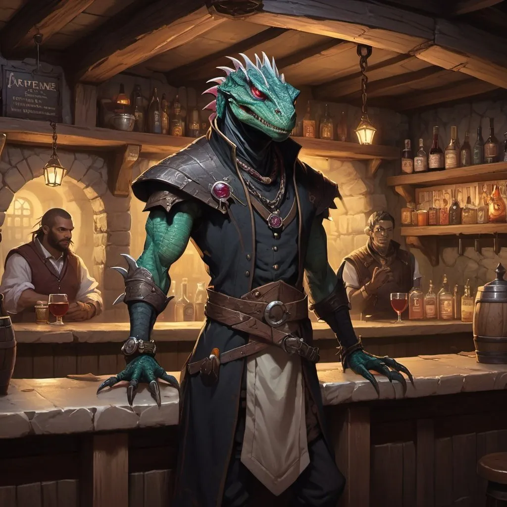 Prompt: A slender humanoid black lizardman dressed as a medieval innkeeper stands behind the tavern counter in front of interior of a fantasy stone tavern, male, Dr. Atl, vanitas, league of legends splash art, cyberpunk art