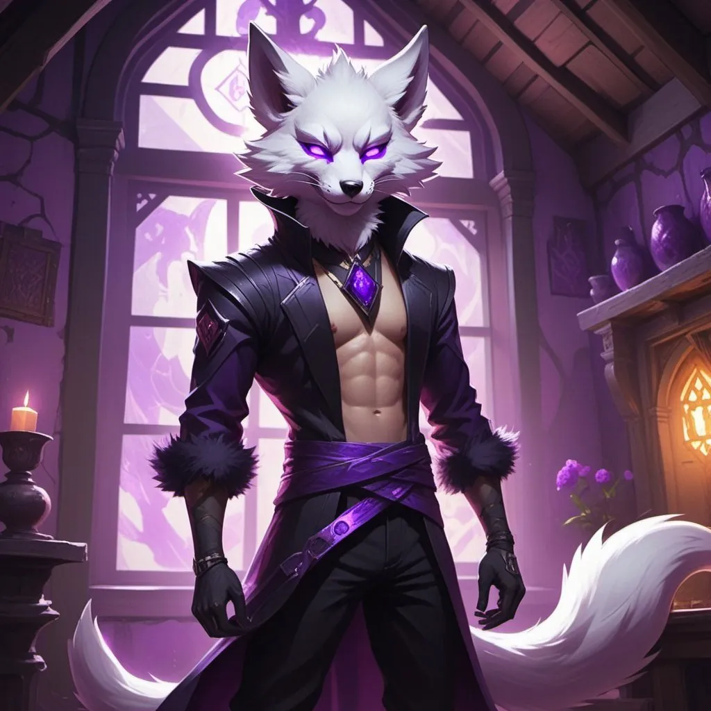 Prompt: male kitsune with furry body like a furry in a bare-chested revealing black outfit in front of the interior of an medieval aristocrat's house creates rays of purple energy, Dr. Atl, vanitas, league of legends splash art, cyberpunk art