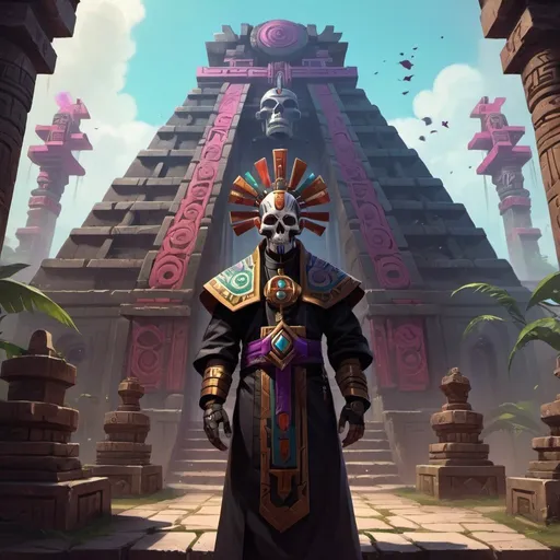 Prompt: a priest in front of fantasy aztec temple, Dr. Atl, vanitas, league of legends splash art, cyberpunk art