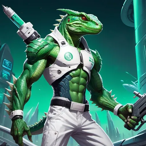 Prompt: A muscular green lizardman with a syringe-pistol in his hands, dressed in a tight white medical overall, stands against the backdrop of a futuristic spaceship, Dr. Atl, vanitas, league of legends splash art, cyberpunk art