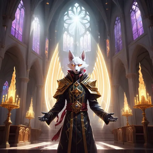 Prompt: kitsune priest with rays of light in his hands in front of fantasy cathedral interior during the day, Dr. Atl, vanitas, league of legends splash art, cyberpunk art