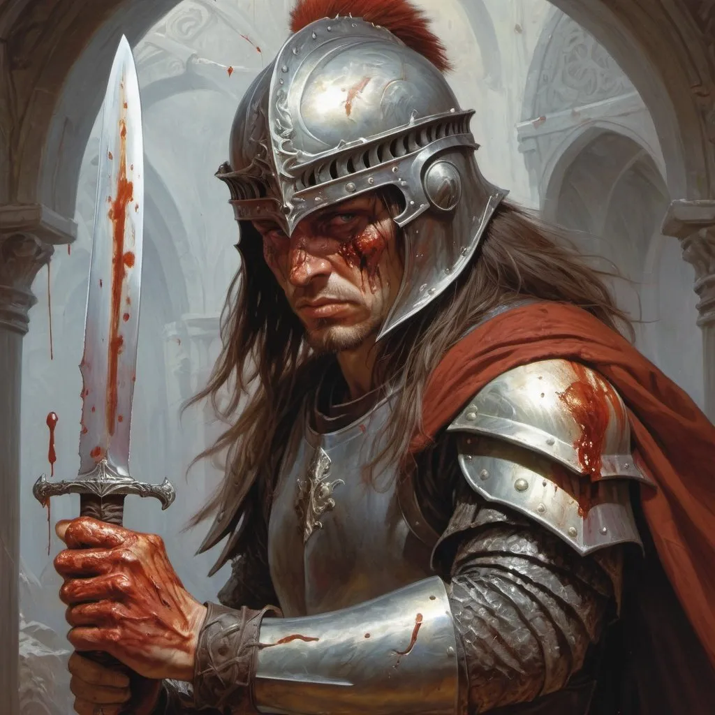 Prompt: a man with a sword and a helmet on holding a knife in his hand and a bloody face, Donato Giancola, fantasy art, epic fantasy character art, concept art