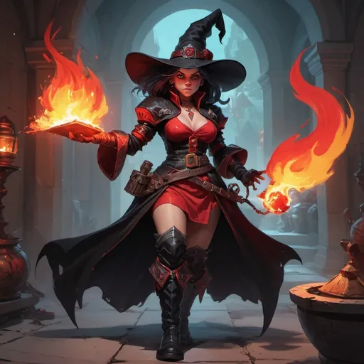 Prompt: a dwarf woman witch from Dungeons and Dragons in a red and black dress and a black coat and boots causes a flame, Dr. Atl, vanitas, league of legends splash art, cyberpunk art