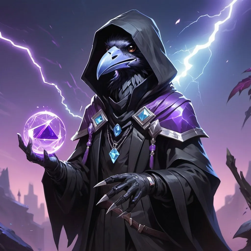 Prompt: a young friendly kenku crow in a black outfit with a silver brooch with a pale blue gem holding a purple object in his hand and a purple magical lightning in his other hand, Dr. Atl, vanitas, league of legends splash art, cyberpunk art