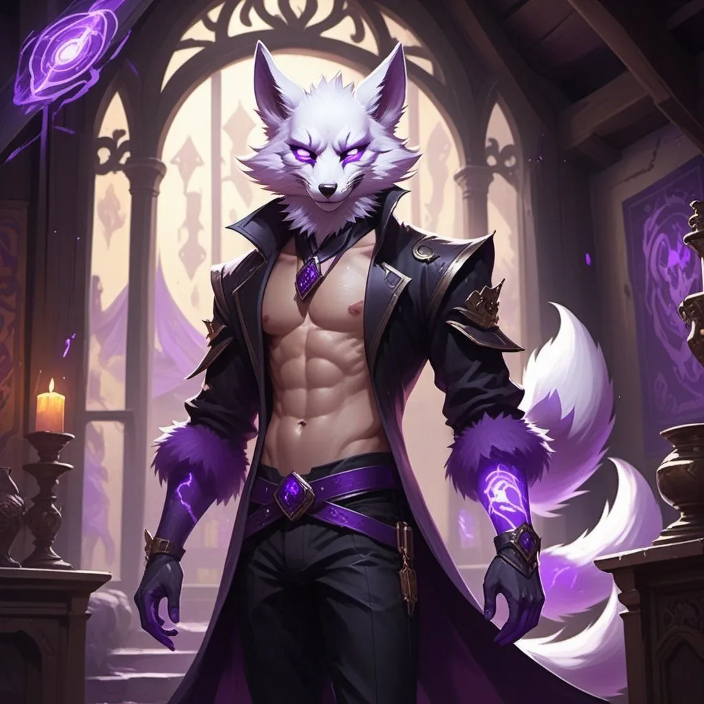 Prompt: male kitsune with furry body like a furry in a bare-chested revealing black outfit in front of the interior of an medieval aristocrat's house creates rays of purple energy, Dr. Atl, vanitas, league of legends splash art, cyberpunk art