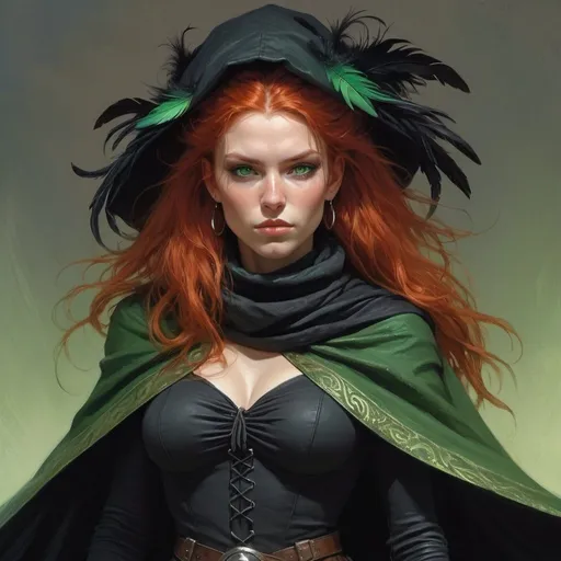 Prompt: a scandinavian woman-witch with red hair and green eyes wearing a black outfit and a black scarf with green feathers on her head and a black snood around her neck and and cape, full length, Donato Giancola, fantasy art, epic fantasy character art, concept art