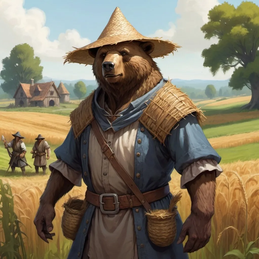 Prompt: a bearfolk from DnD with straw hat like Kopatych's is standing in a medieval peasant fields in the background, Chris Rahn, fantasy art, epic fantasy character art, a character portrait