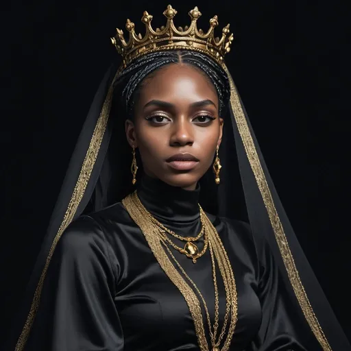 Prompt: a woman with a crown sitting on a black background wearing a black dress and a black veil with a long braid, Christian W. Staudinger, afrofuturism, promotional image, a flemish Baroque