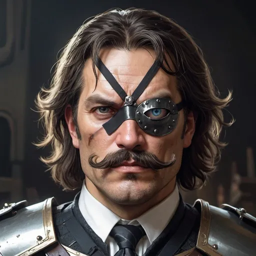 Prompt: a 40 years old man in plate armor wearing a fake eye patch with a tie covering the eye on the left eye and with thick hair and mustache, Aleksi Briclot, antipodeans, epic fantasy character art
