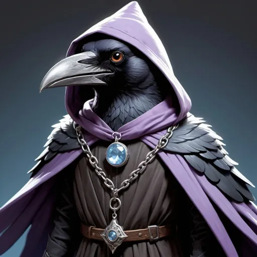 Prompt: The furry sorcerer Kenku the Crow from the D&D game casts a spell, lilac streams of magical energy burst out of his paws, and magical seals appear. It has gray plumage and bright lilac eyes, and its face looks like a crow. He wears a hood, a long dark gray cloak, the front of the cloak is fastened with a silver chain near his collarbones, and on his left chest is a silver brooch with a pale blue gem. He is excited and smiles playfully. Very detailed.